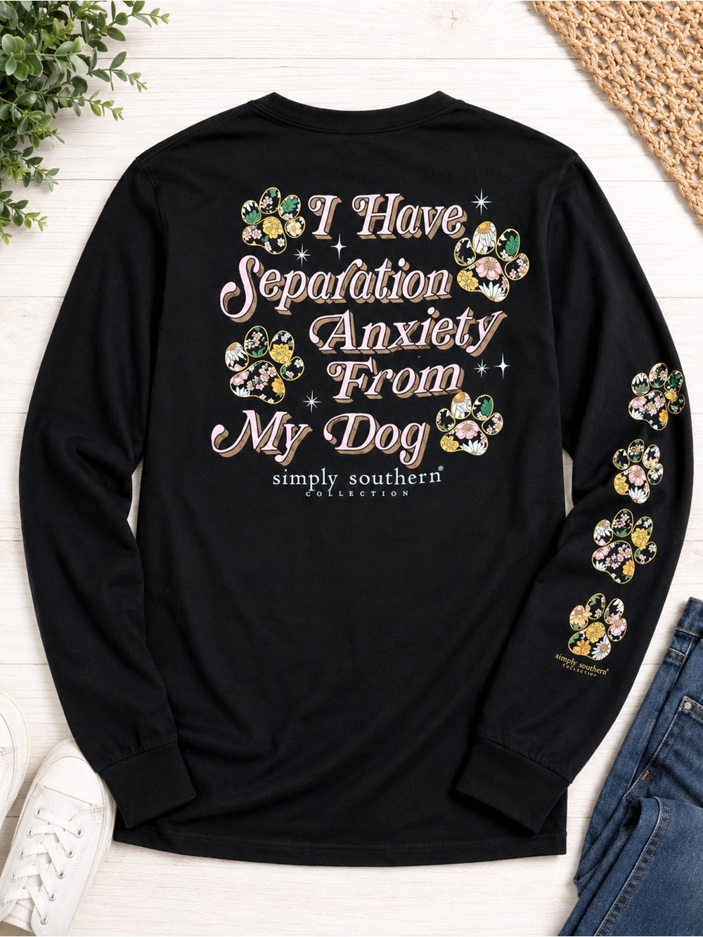 Simply Southern Black Long Sleeve Floral Paw Print Tee - Picture 2 of 2